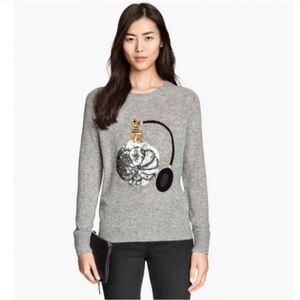 H&M grey alpaca blend sweater sequinned perfume bottle embroidery cozy sparkly S